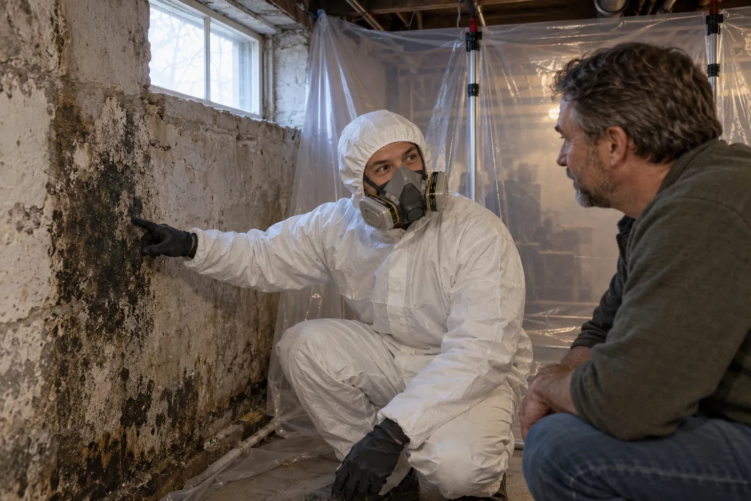 Friendly mold removal provider in protective gear showing a homeowner a basement wall in a Havre de Grace home