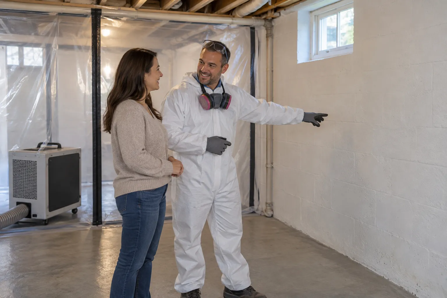 Friendly local provider showing a homeowner a basement wall during a mold remediation visit in Havre de Grace